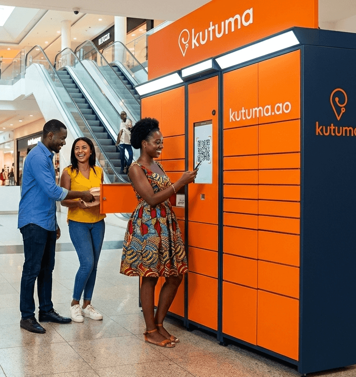 Pessoas a usar um cacifo Kutuma laranja num centro comercial em Luanda